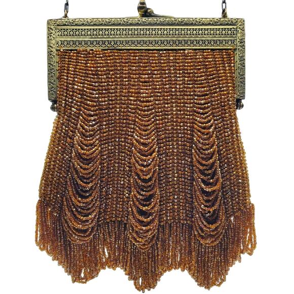 Art Deco Beaded Handbag 1920s Flapper Purse Vintage Bronze Chain Copper Fringe - Picture 3 of 10